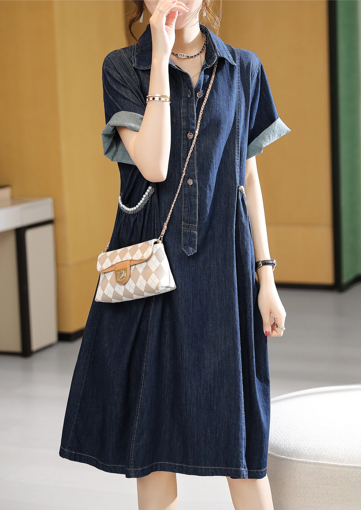 Women Dress New Vintage Dress Streetwear Lapel Denim Dress