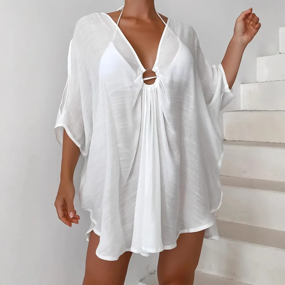 New Chest Ring V-neck Loose One-size-fits-all Quick-drying Beach Blouse, Irregular Seaside Vacation Sunscreen Skirt 1