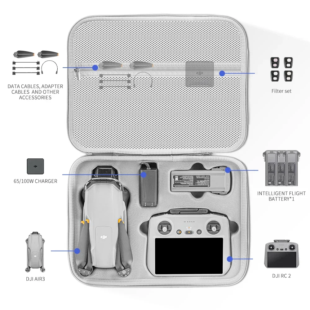 XFJI Portable Carrying Case for DJI Air 3/Air 3S Storage Box Suitcase Drone Accessories PU Splash-proof Shoulder Bag