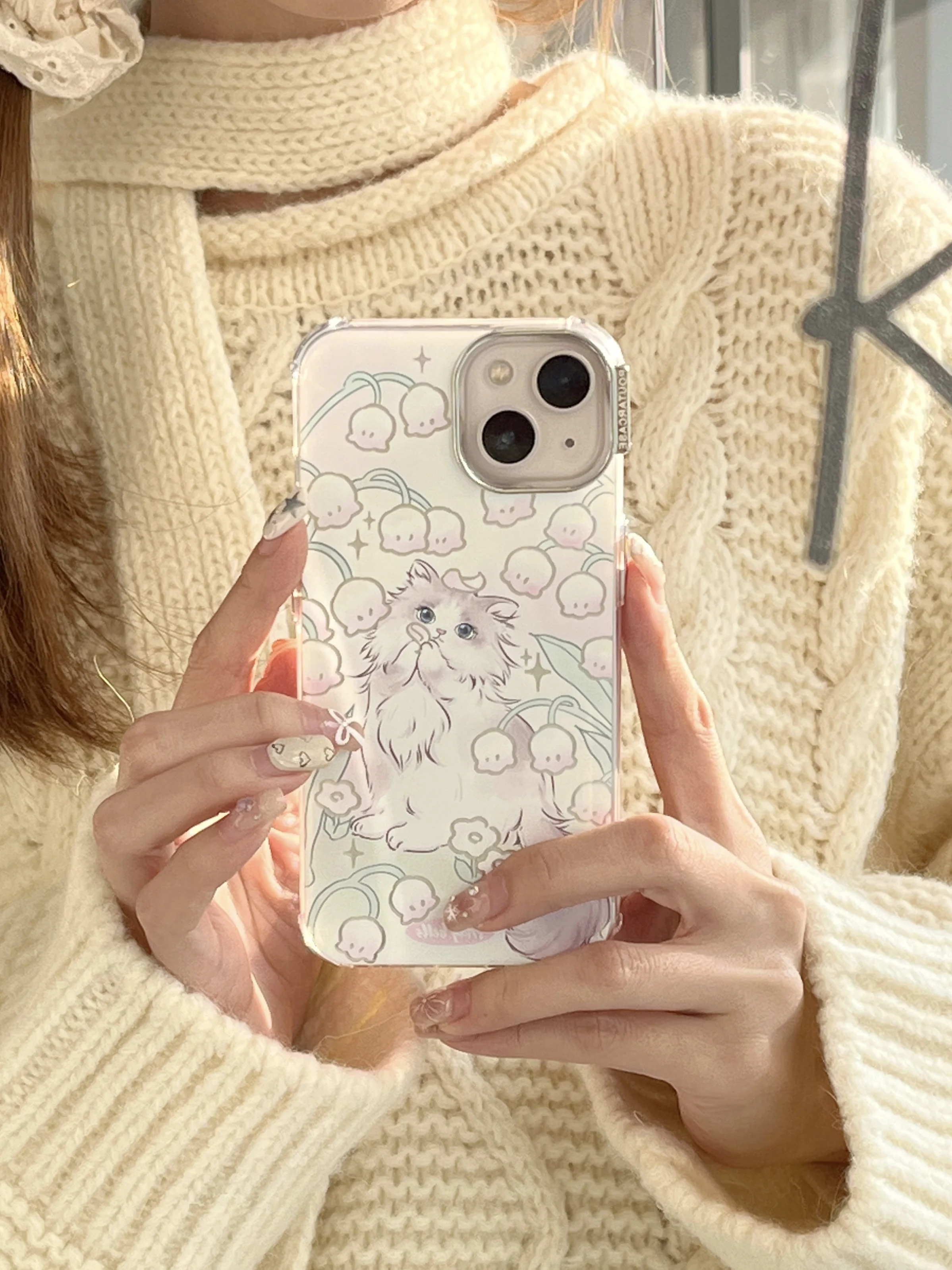 INS Super Cute Cartoon Cat Beautiful Flowers Floral Bellwort Case for iPhone 15 14 13 Pro Max 12 Pro Plus Cover