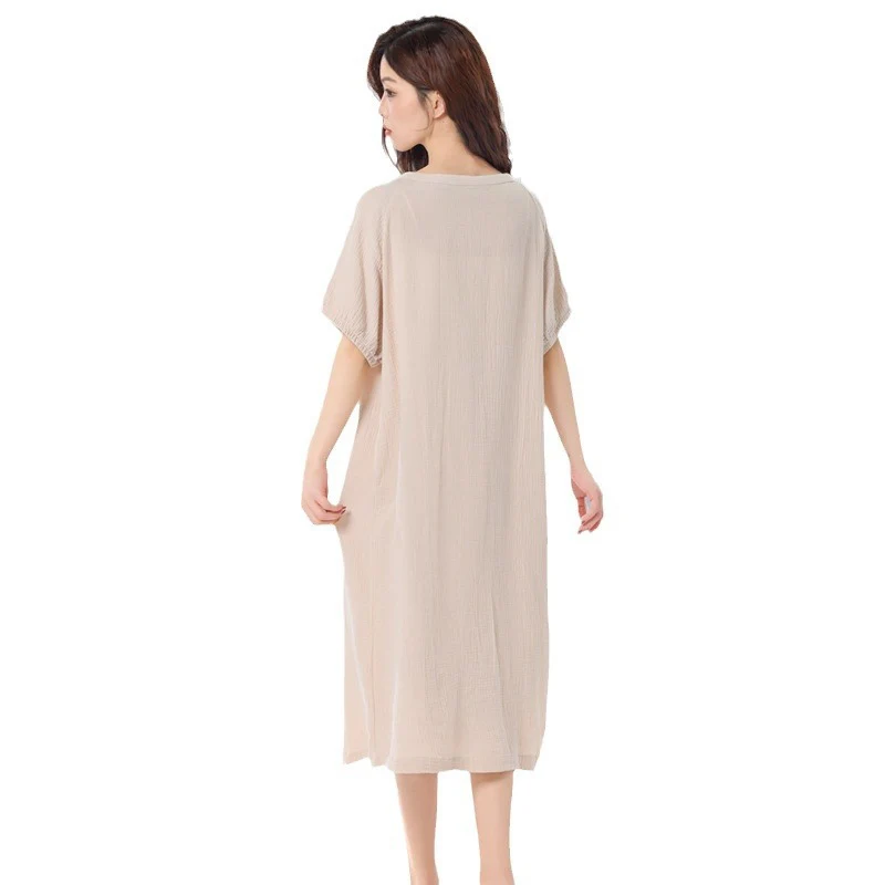 Spring Summer Women's Cardigan Nightgown Japanese Crepe Cotton Minimalist Home Wear Pajamas Lady Short Sleeves O-Neck Nightdress