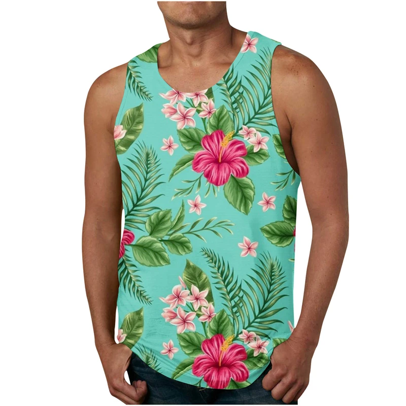 

Flowers Graphic Tank Top For Men 3D Print Sleeveless Beach Hemp Palm Pattern Tops Paint Vest Hawaii Colorful Pigment T-shirt