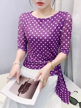 Summer Half Sleeve T-shirts Women Print Polka Dots Mesh Tops Girl Irregular Sweet Tshirt 1