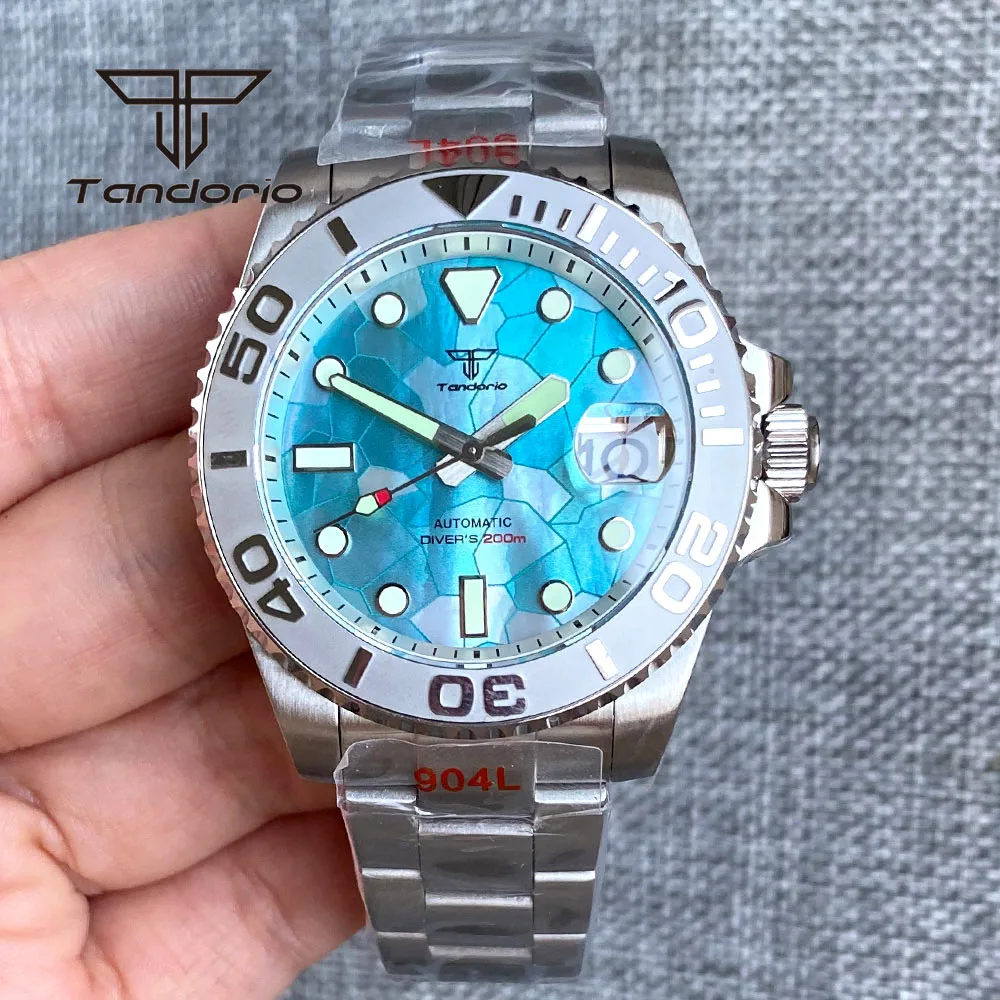 Tandorio NH35A 40mm Fashion 20Bar Men's Dive Automatic Wristwatch Greenish Blue MOP Dial Rotating Bezel Sapphire Luminous Date