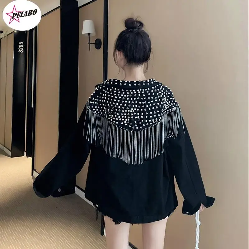 

Boho Inspired Studded Fringe Trim Denim Jacket for women vintage black denim jacket women Long Sleeve Outerwear Jacket Women