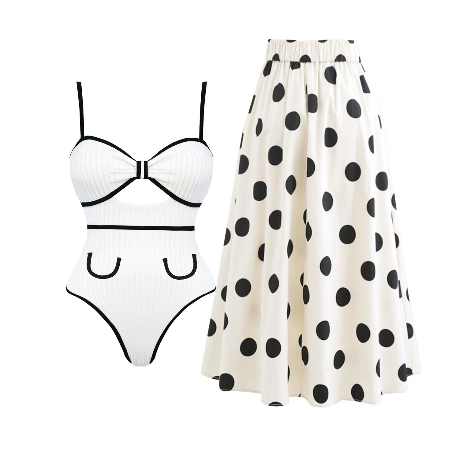 Women One Piece Swimsuit Black White Retro Bow Tie Swimwear With Skirt Sexy Bathing Suit Monokini Beach Bodysuit