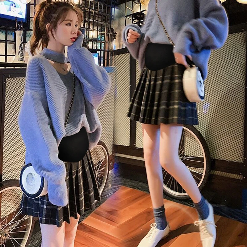 Korean Style Maternity Belly Skirts Preppy Style High Waist Pregnant Woman Pleated Plaid Skirts Pregnancy Empired Mini