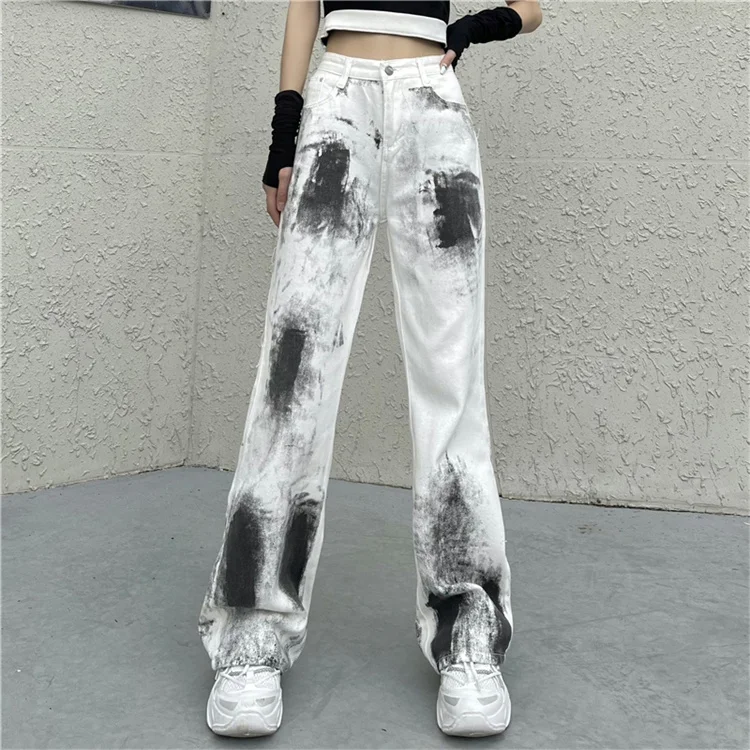 old navy jeans Women Clothes White Tie Dye Loose Boyfriend Denim Trousers High Waist Jeans Streetwear Vintage Female Wide Leg Pants Pantalones low rise jeans