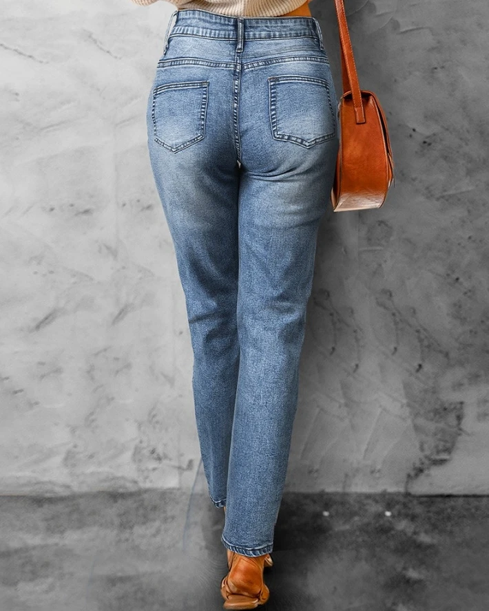 Women's Jeans 2024 Spring Fashion Pocket Design Ripped Cutout High Waist Casual Plain Skinny Daily Long Jeans Y2K Streetwear