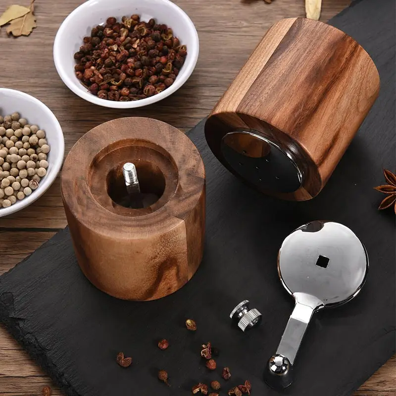 Manual Pepper Mill and Salt Pot Hand Grinder, Acacia Wood Pepper Mill Set, Spice Salt Grinder, Ceramic Core Seasoning Bottle