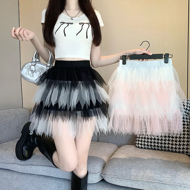 

Юбка женская трапециевидная из газовой ткани, эластичная однотонная мини-юбка с завышенной талией, пышная дизайнерская, в Корейском стиле, летняя Прямая поставка