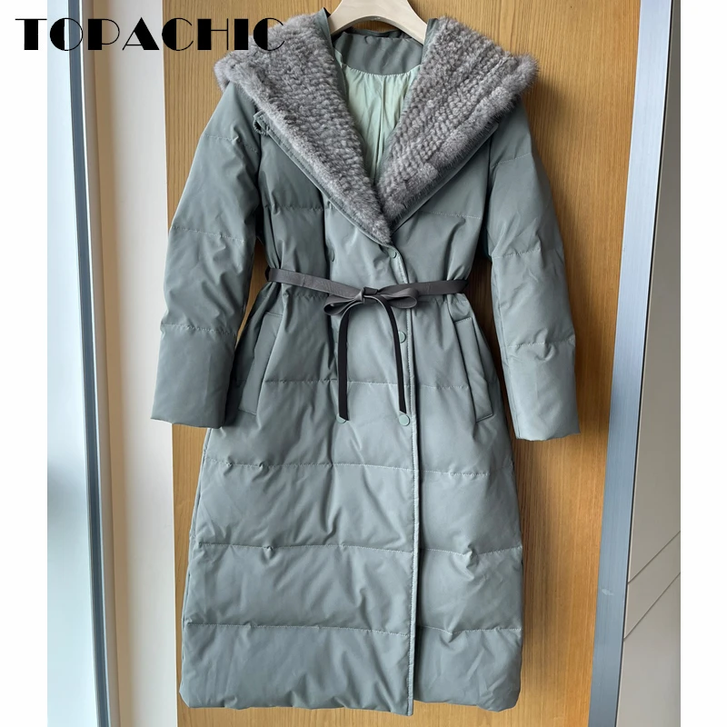 

11.8 TOPACHIC Women's Elegant Fashion Mink Fur Hooded Detachable Genuine Leather Belt Keep Warm Midi Down Coat