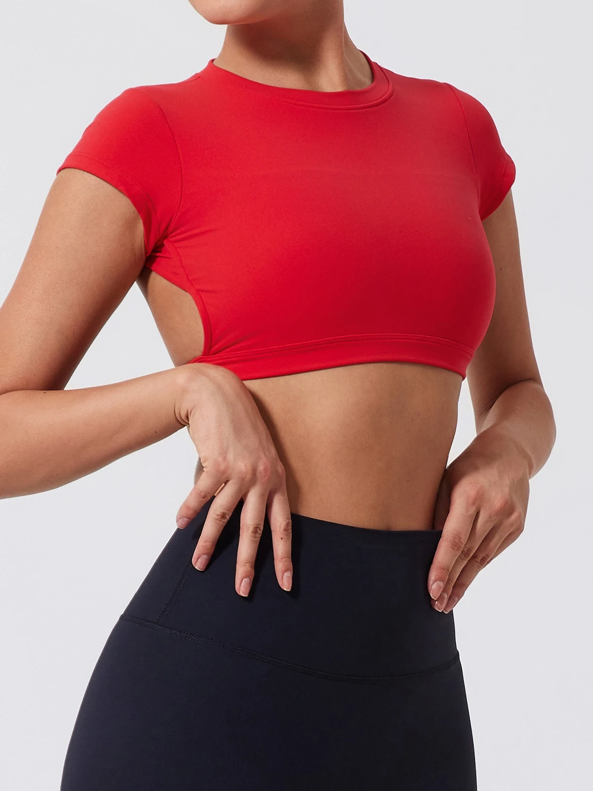 Women Crop Top - Backless Sports Crop Tee With High Compressive Waistband
