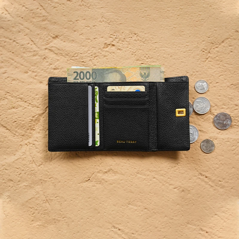 Women Money Clips Genuine Cow Leather Solid Color Buckle Latch Side Zipper Mini Wallet Ladies Purse