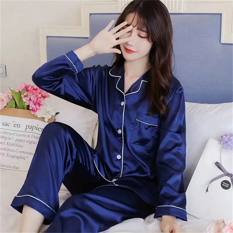 Pajamas Women's Ice Silk Spring and Autumn Seasons Long sleeved Loose Thin Large Women's Sexy Outwear Home Furnishing Set Summer