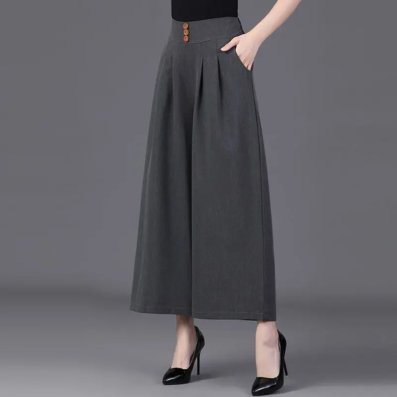 Simplicity Casual Summer Solid Pants Ice Silk Women's Elastic Waist Pockets Button Fashion High Waist Wide Leg Ankle Trousers