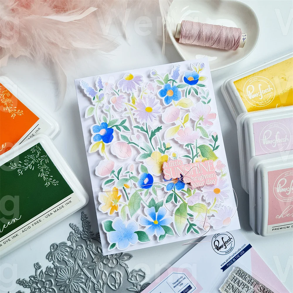 2025년 5월 신상 핑크 플로럴 필드 메탈 커팅 다이 스탬프 스텐실 핫 포일 세트 DIY 가이딩 라이트 우표 스크랩북 카드 엠보싱
