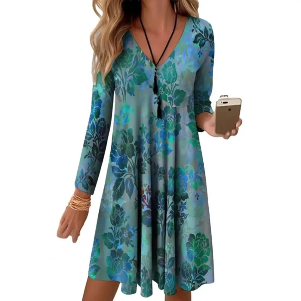 

Женское платье-мини с V-образным вырезом, демисезонное Свободное платье с цветочным принтом и градиентом, до колена