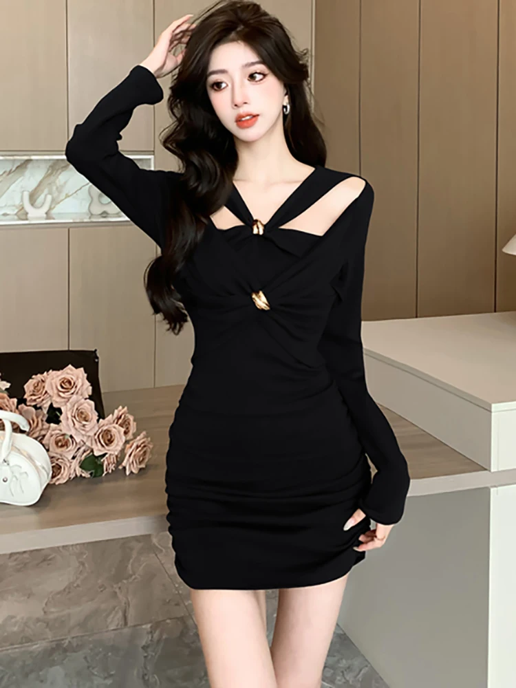 

Women Fashion Bandage Hollow Out Sexy Mini Dress Autumn Winter Elegant Chic Party Vestidos 2023 Korean Bodycon Festival Dresses