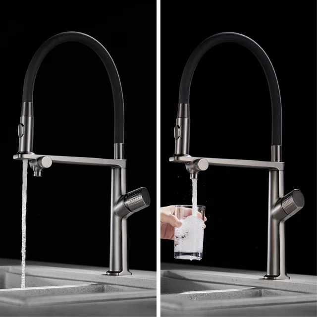 ก๊อกน้ําห้องครัวทองเหลืองสีเทาปืนหรู 1 รู ด้ามจับคู่ ระบบควบคุมคู่เย็นและร้อน พร้อมน้ํากรอง อ่างล้างจานสองฟังก์ชั่น Tap 3