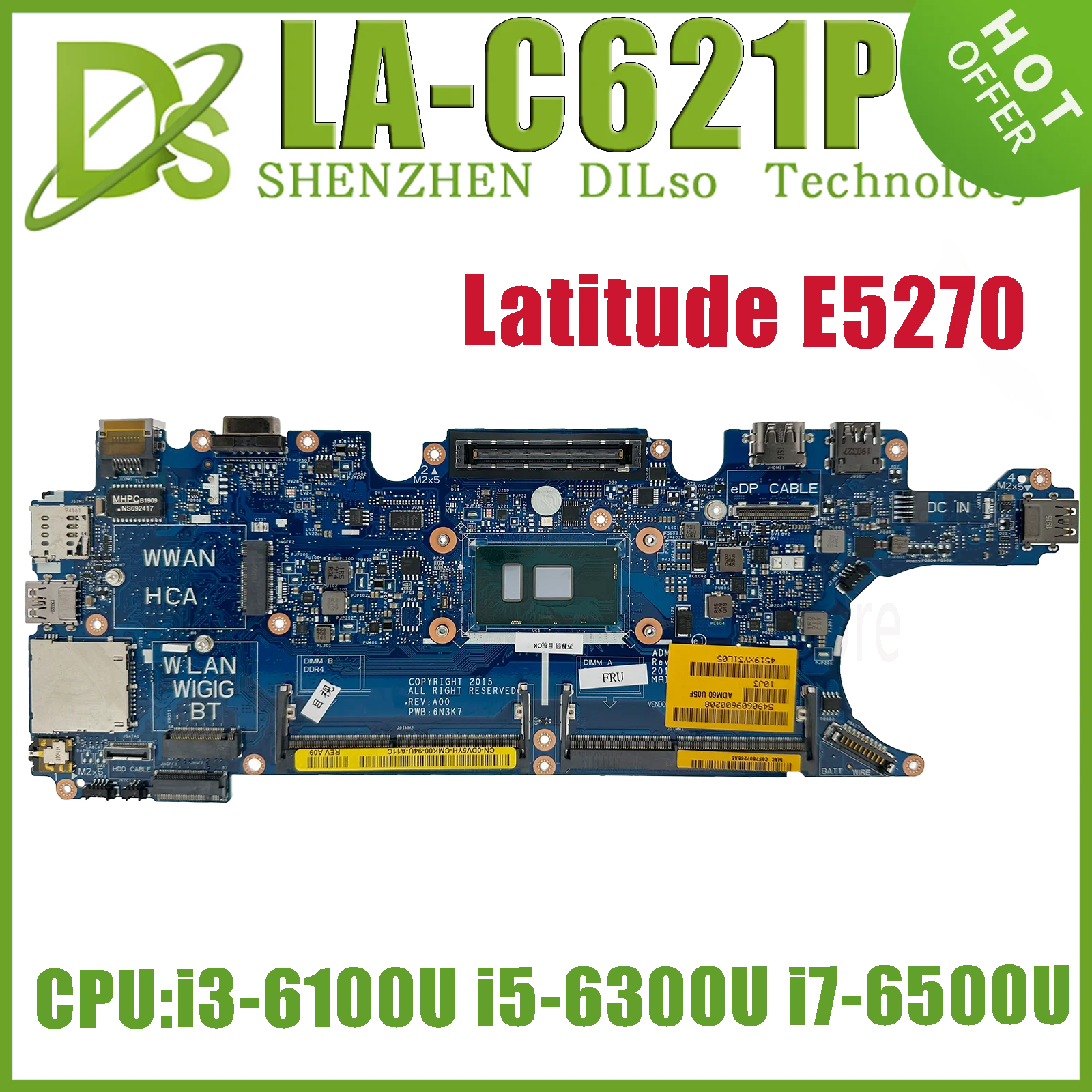 KEFU ADM60 LA-C621P Mainboard For Dell Latitude 5270 E5270 Laptop Motherboard W/i3-6100U i5-6300U i7-6500U UMA DDR4*2Slots