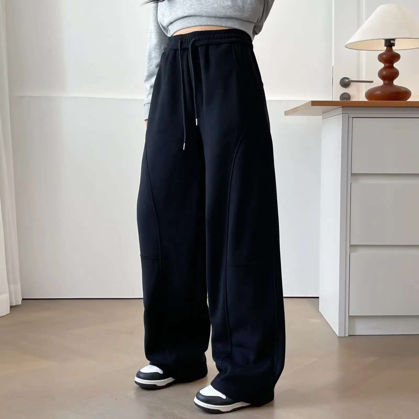 Winter New Style Simple Commuting Fleece Cover Casual Long Straight Trousers XXXXL Fashion Plus Size Women's Wide Leg Pants 8032