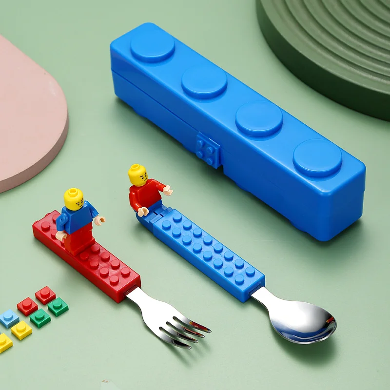 304 Stainless Kids Funny Fork Spoon Set Children Building Block Toys Cartoon Steel Tableware Portable Storage Jigsaw Puzzle Toys cutlery set western style cutlery set picnic cutlery set stainless steel cutlery set picnic tableware camping cutlery set wooden cutlery set ceramic dinnerware set