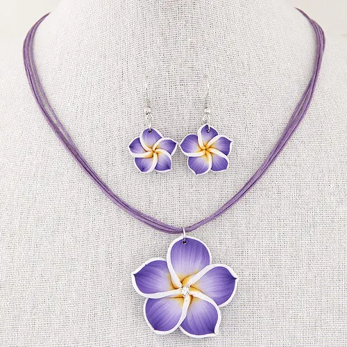 Women's sweet Plumeria Flowers Jewelry Sets Polymer Clay Fimo Earrings Pendant Necklace 6