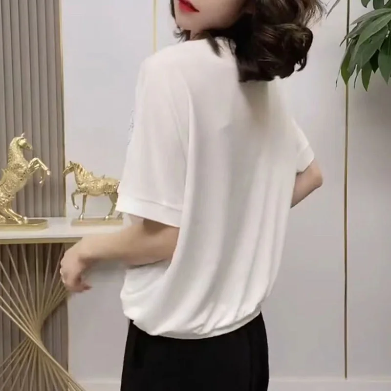 세련된 V넥 스플라이싱 레이스 업 보우 셔링 다이아몬드 블라우스, 여성 의류, 2023 여름 캐주얼 풀오버, 오피스 레이디 셔츠, 신제품