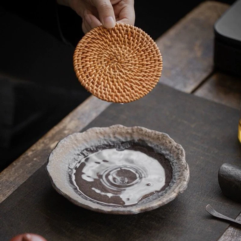 Creative Coarse Pottery Wicker Pot for storing water Dry Brewing Tray Kung Fu Tea Set Accessories Chinese Style teapot Tray, 1Pc