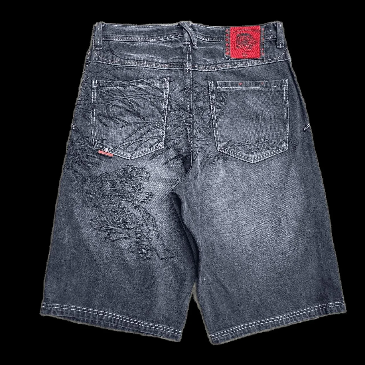 Summer New Casual Shorts Hip Hop Goth Y2K Shorts for Men Embroidery Retro Black Denim Gym Basketball Pants Wide Leg Streetwear