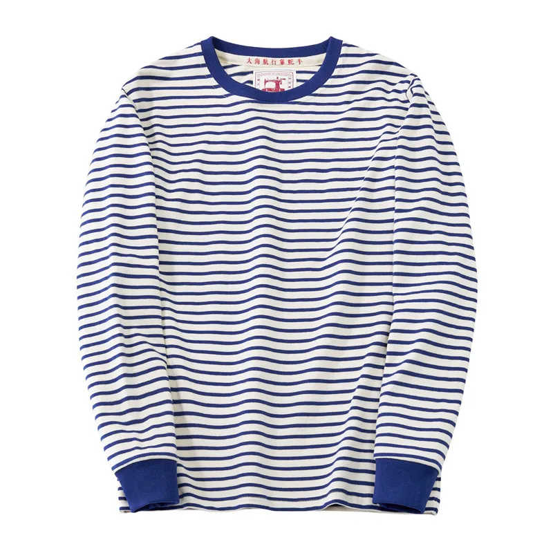 Blue White Sea Soul Shirt T-shirt Heavy Cotton Striped Sports Jersey Men's Round Neck Long-sleeved Outdoor Fitness Running Train