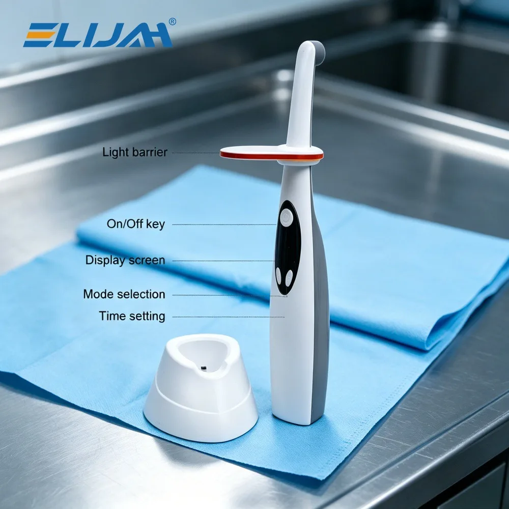 ELIJAH Dental LED-Polymerisationslampe Hochleistung 1000-2200mW/cm² Kabellos 420-480nm Dualer Arbeitsmodus für lichtempfindliche Harzpolymerisation