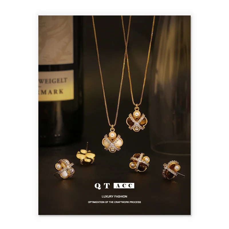 

Brass Plated 18K True Gold Ins Style Small Brown Tiger Eye Stone Freshwater Shell Pearl Zircon Necklace Earrings