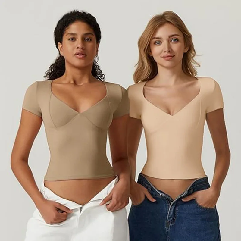 InstaLike-Monochrome V Neck Patchwork Tee, Short Sleeve Shirts,Crop Top,V Neck Pullover, Folds Slim Tee, Sexy and Elegant,Summer