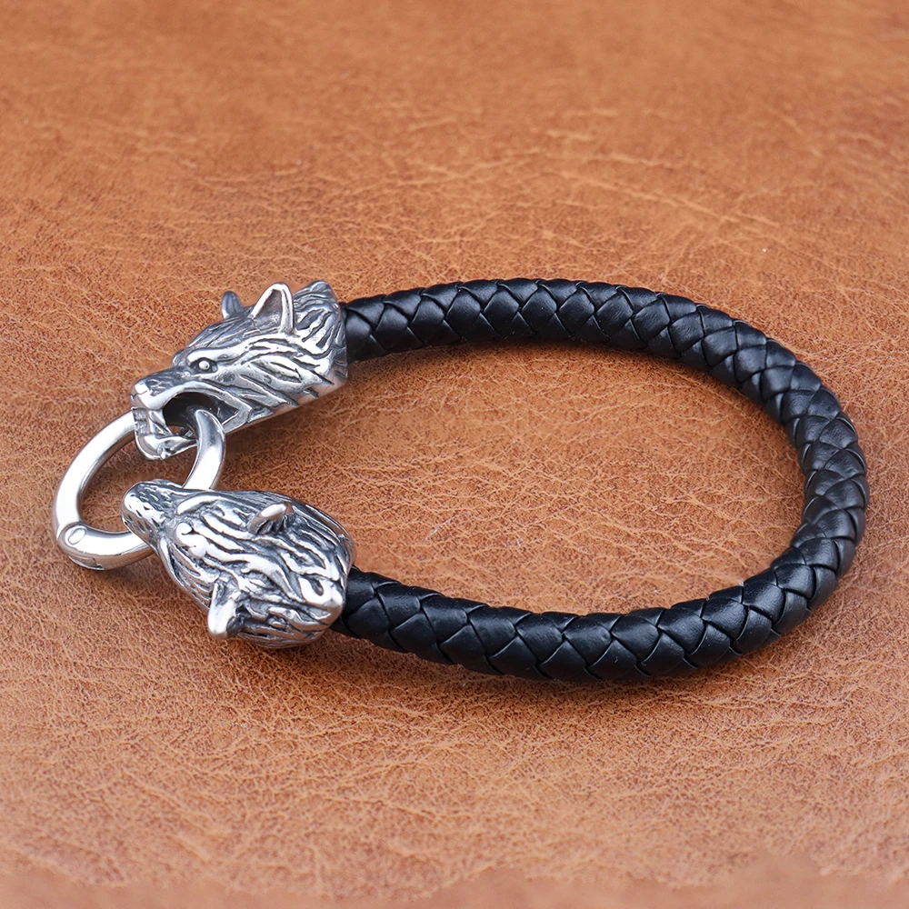 Stainless Steel Vintage Men's Viking Wolf Heda Leather Bracelet Classic Nordic Animal Bangles Fashion Charm Jewelry