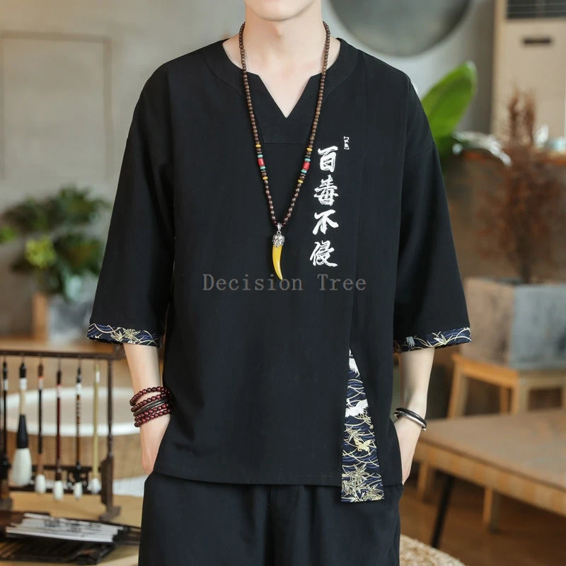 Cotton T-shirt Martial Arts Uniforms Men V-neck Kungfu Top Chinese Style Embroidery Patchwork