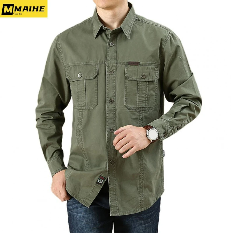 

Мужская джинсовая рубашка с длинным рукавом, повседневная армейская рубашка из 2022 хлопка в стиле милитари, Весна-Осень 100%