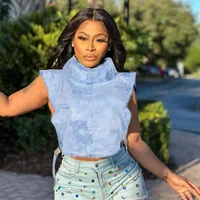 Women Vest Summer Fashion Stand Collar Sleeveless Bandage Denim Crop Tops Streetwear Women Sexy Hollow Out Jeans Cargo Vest 3