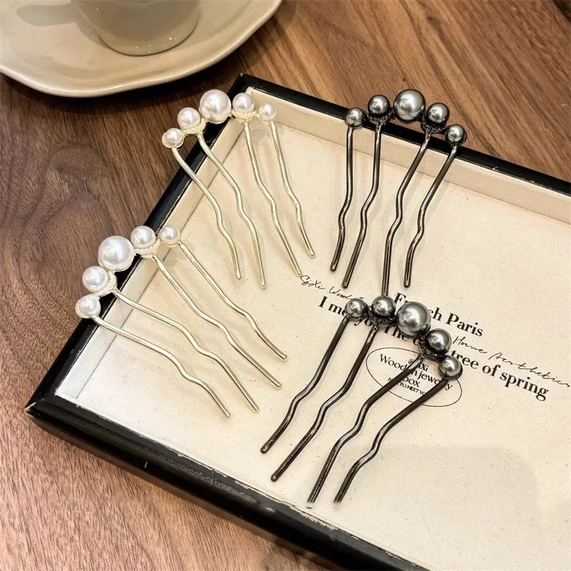 Pearl Hair Card For Women Temperament Four-pronged Disc Fixed Hairpin Comb U-shaped Hairclip Jewelry Accessories Gift