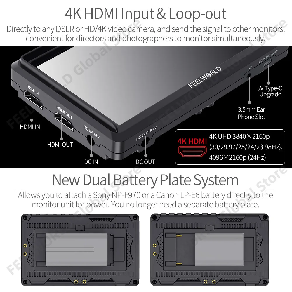 6 Inch DSLR Camera Monitor FEELWORLD FW568 V3 with Waveform LUTs Small Full HD 1920x1080 IPS 4K HDMI Type-C DC Output Tilt Arm portable monitor,dslr field monitor