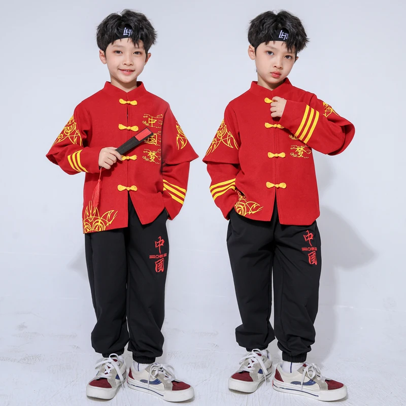 

Детская одежда для выступлений, костюм Тан красного цвета для мальчиков, костюмы китайского Нового года, праздничная одежда, танцевальные наряды для современной улицы DQL7829