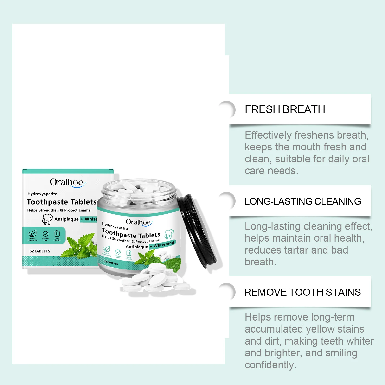 62 Tablets Mint Flavors Toothpaste Tablets Improve Bad Breath Remove Smoke Stains Fresh Oral Hygiene Solid Toothpaste Tablet