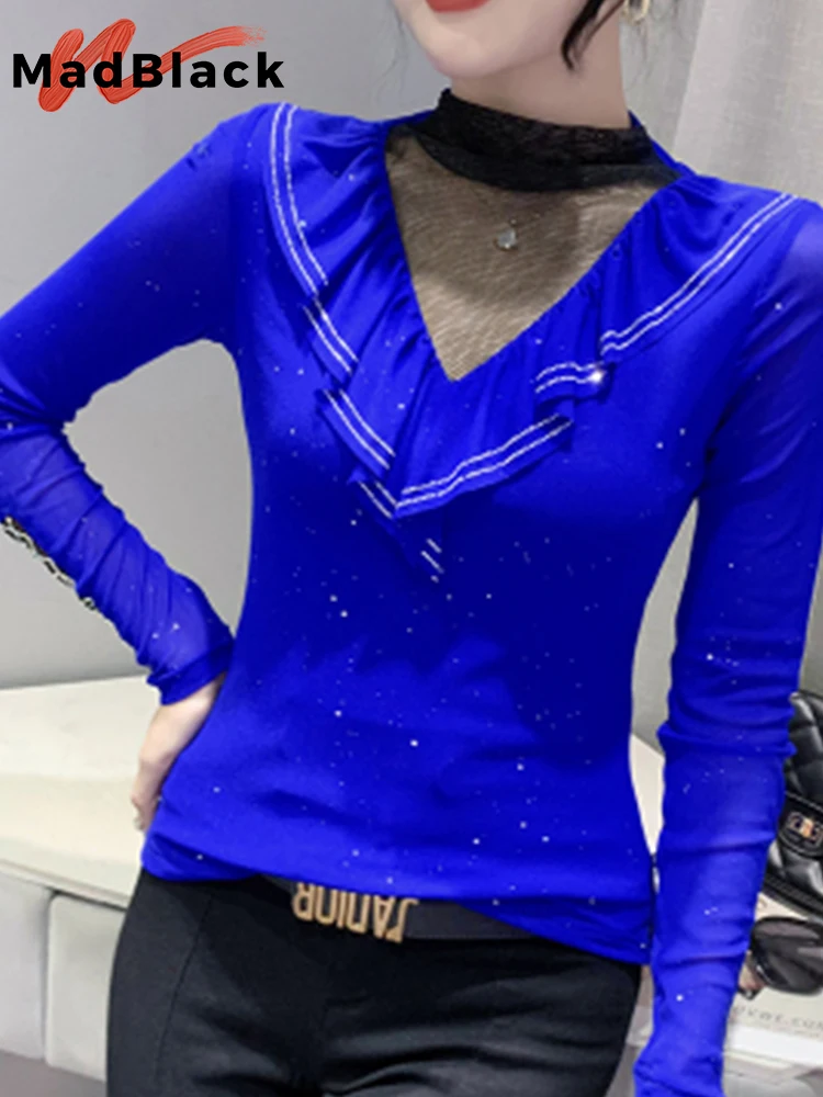 

Ruffle Turtleneck Tshirts Slim Mesh Patchwork Fashion T-Shirt Glitter Beaded Long-Sleeve Women's Tees Tops Autumn Spring T29514X