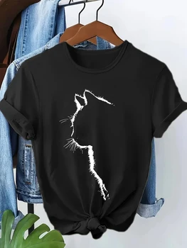 Kawaii Cat Print Fashion T-shirt Vintage Women's Casual Graphic Short Sleeve T Shirt Clothing Summer Spring Top Tee 1