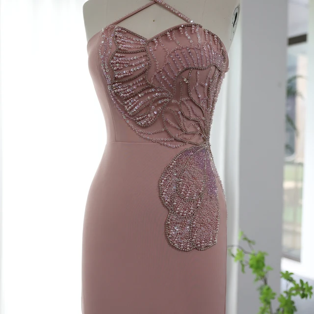 Arabic Crisscross Straps Pink Evening Dress 2024 Luxury Butterfly Beaded Slit Dubai Women Wedding Party Gowns 476 4