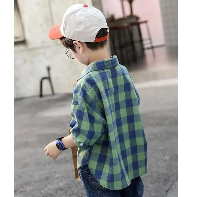 남아용 체크 무늬 셔츠, 용수철 가을 어린이 긴팔 셔츠, 순면 캐주얼 패션, 어린이 코트, 2024 신상
