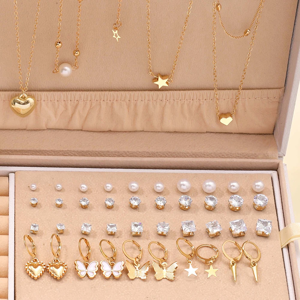 84 Pcs Vintage Imitation Pearl Zircon Butterfly Pendant Earrings Ring Necklace For Women Daily Wear Jewelry Sets
