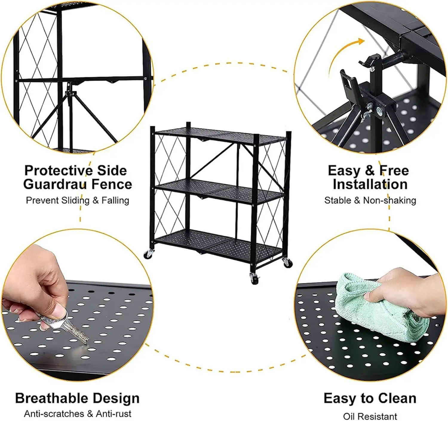 3-Tier Foldable Duty Storage Shelves with Wheels 13.4" D x 28" W x 34" H, Freestanding Shelving No Assembly Required, for Kitche 2
