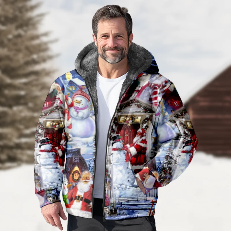 

Christmas Cotton Coat Hooded Sweater Casual Print Men's Fur Loop Arctic Velvet Zipper Patch Pocket Hooded Sweater a02